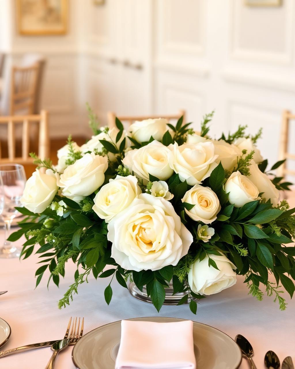 White rose floral centerpiece on a dining table