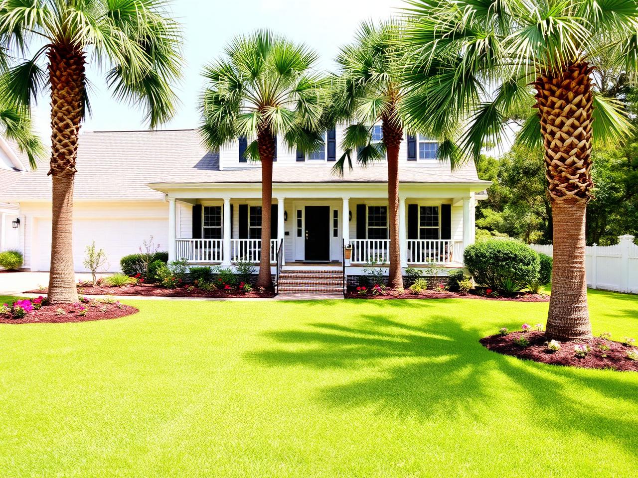 Front yard of southern home with palmetto trees